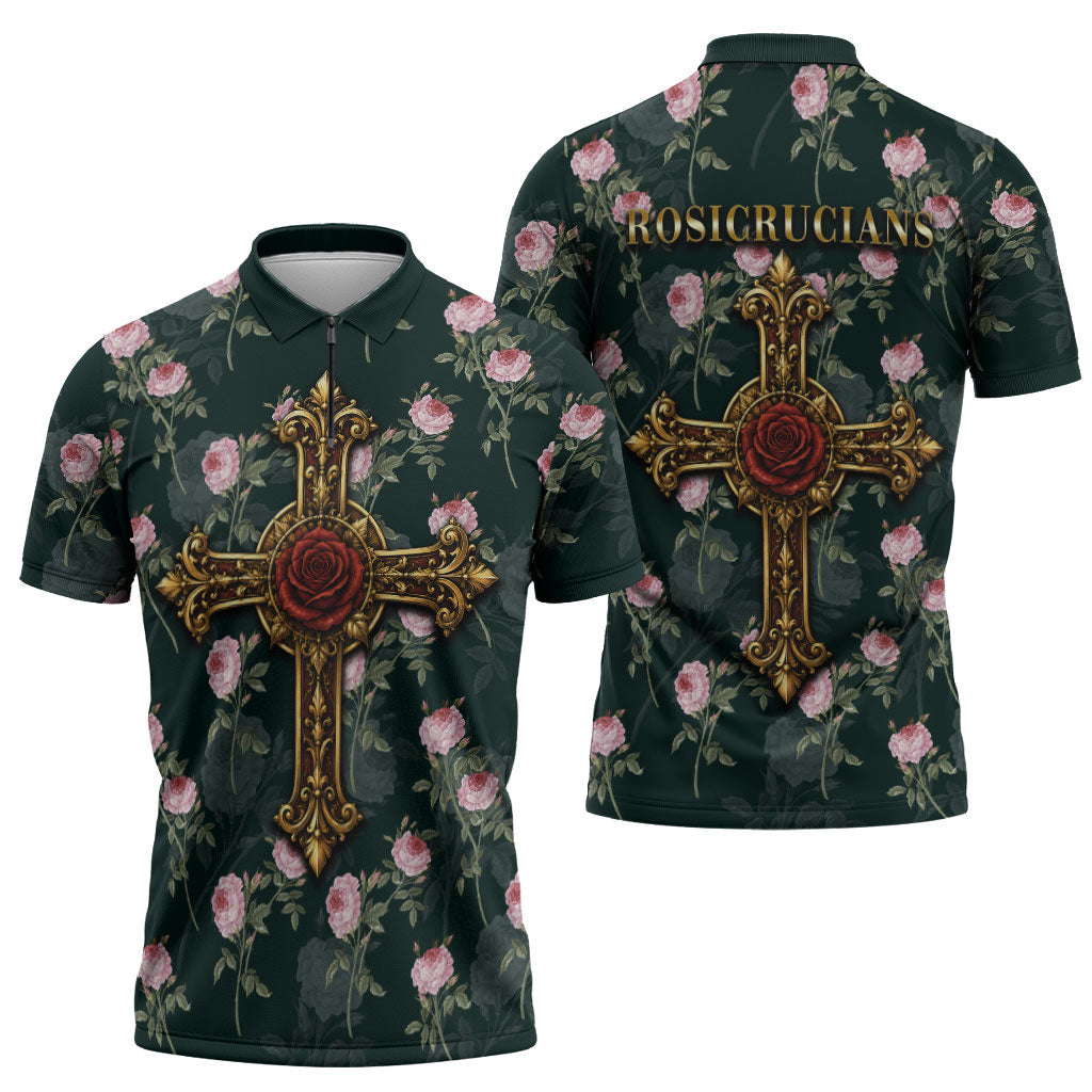 Rosicrucian Order Rose Cross Zipper Polo Shirt Gothic Baroque Crucifix Vintage Floral