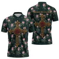 Rosicrucian Order Rose Cross Zipper Polo Shirt Gothic Baroque Crucifix Vintage Floral