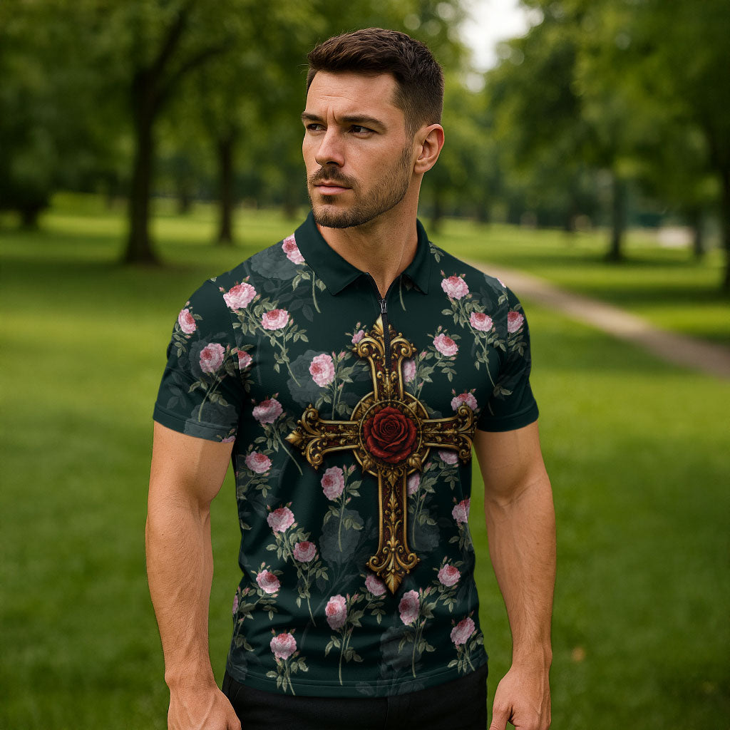 Rosicrucian Order Rose Cross Zipper Polo Shirt Gothic Baroque Crucifix Vintage Floral