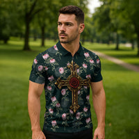 Rosicrucian Order Rose Cross Zipper Polo Shirt Gothic Baroque Crucifix Vintage Floral