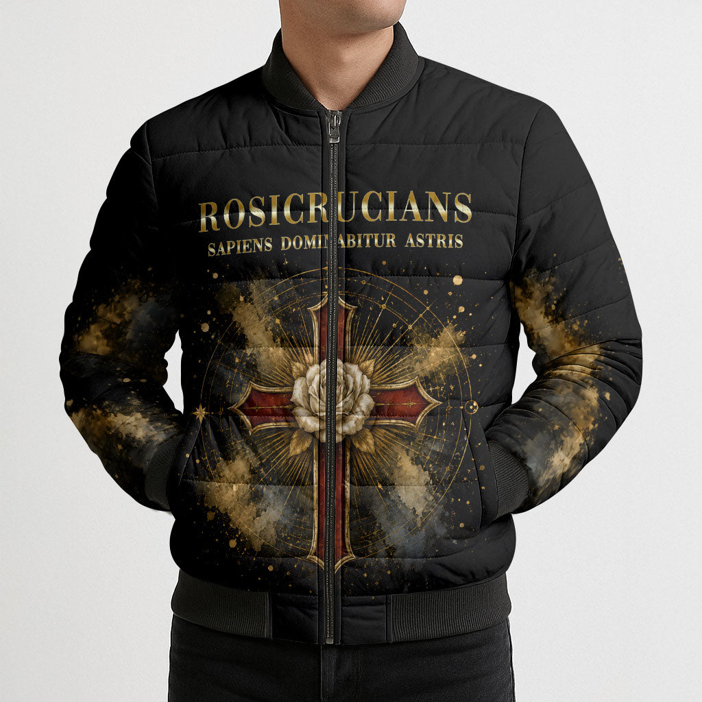 Personalized Rosicrucians Bomber Puffer Jacket Sapiens Dominabitur Astris Rose Cross