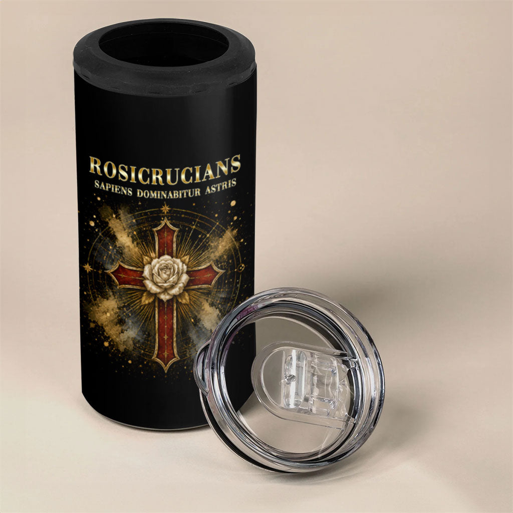 Personalized Rosicrucians 4 in 1 Can Cooler Tumbler Sapiens Dominabitur Astris Rose Cross