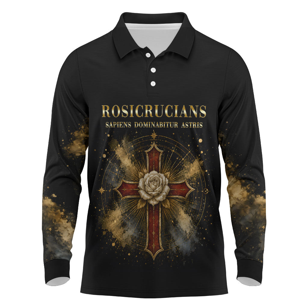 Personalized Rosicrucians Long Sleeve Polo Shirt Sapiens Dominabitur Astris Rose Cross