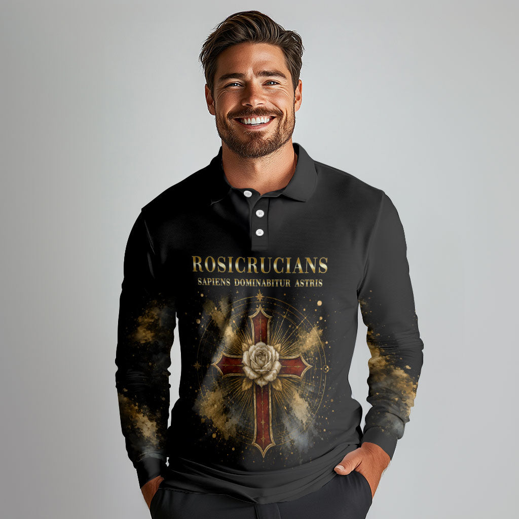 Personalized Rosicrucians Long Sleeve Polo Shirt Sapiens Dominabitur Astris Rose Cross