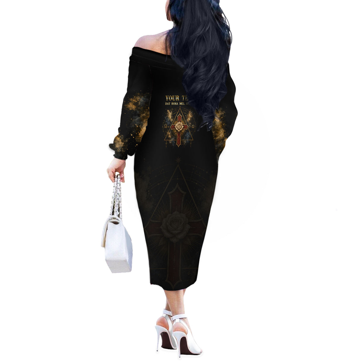 Personalized Rosicrucians Off The Shoulder Long Sleeve Dress Sapiens Dominabitur Astris Rose Cross