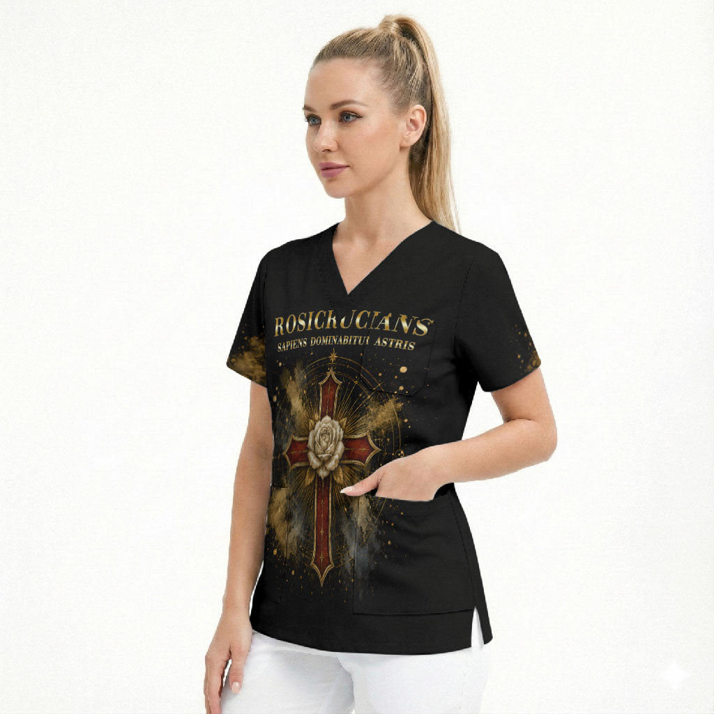 Personalized Rosicrucians Scrub Top Sapiens Dominabitur Astris Rose Cross
