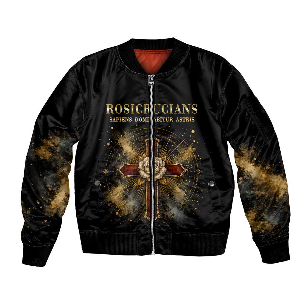 Personalized Rosicrucians Sleeve Zip Bomber Jacket Sapiens Dominabitur Astris Rose Cross