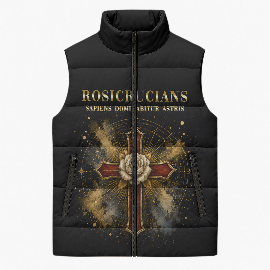 Personalized Rosicrucians Sleeveless Puffer Jacket Sapiens Dominabitur Astris Rose Cross