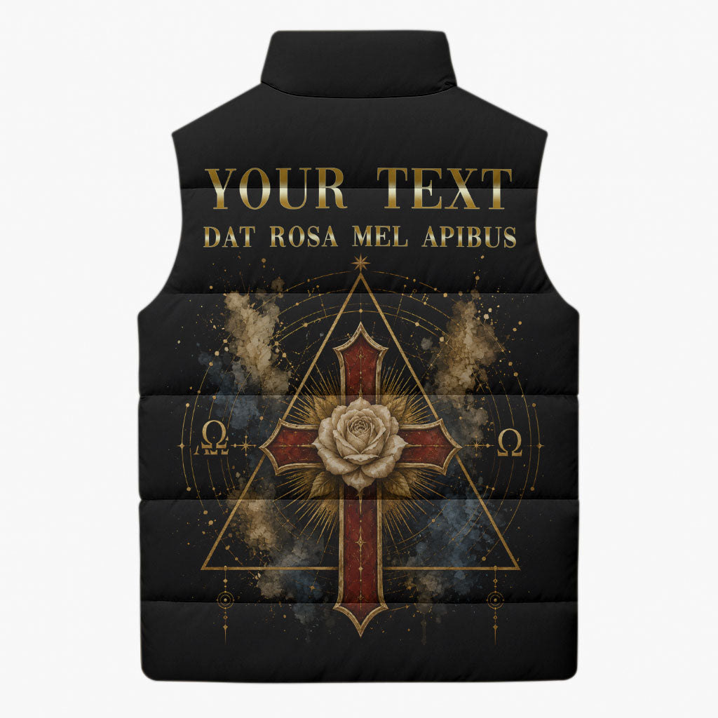 Personalized Rosicrucians Sleeveless Puffer Jacket Sapiens Dominabitur Astris Rose Cross