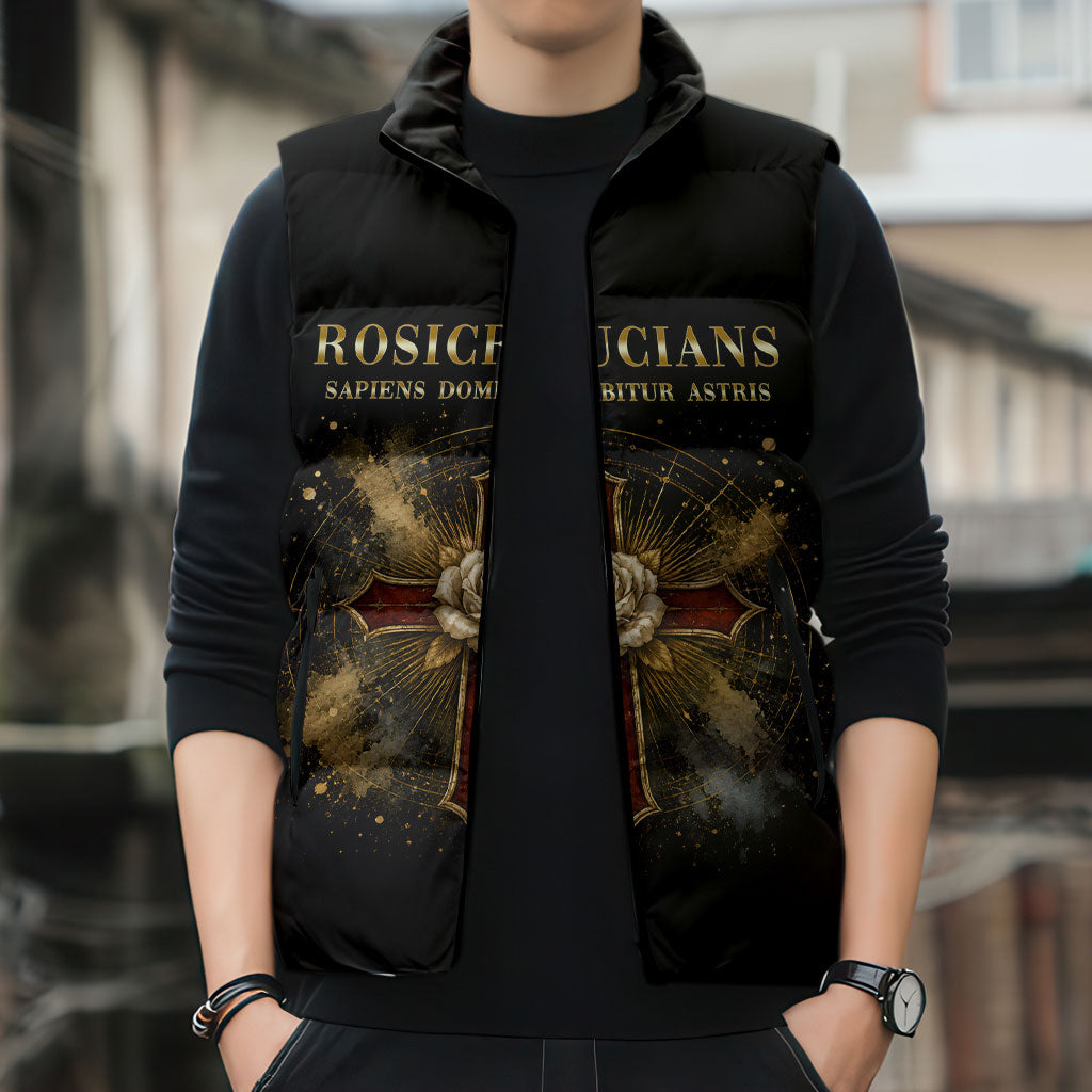 Personalized Rosicrucians Sleeveless Puffer Jacket Sapiens Dominabitur Astris Rose Cross