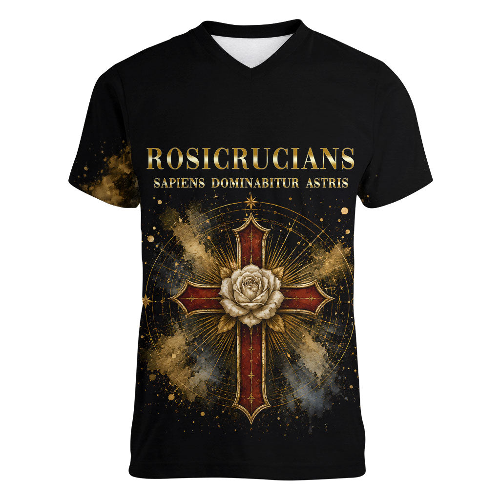 Personalized Rosicrucians Women V-Neck T-Shirt Sapiens Dominabitur Astris Rose Cross