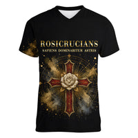 Personalized Rosicrucians Women V-Neck T-Shirt Sapiens Dominabitur Astris Rose Cross
