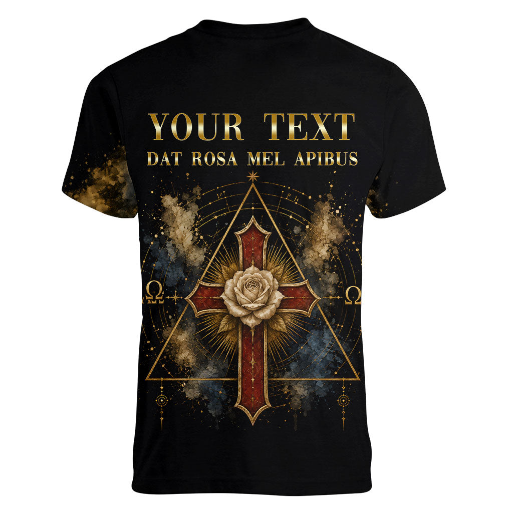 Personalized Rosicrucians Women V-Neck T-Shirt Sapiens Dominabitur Astris Rose Cross