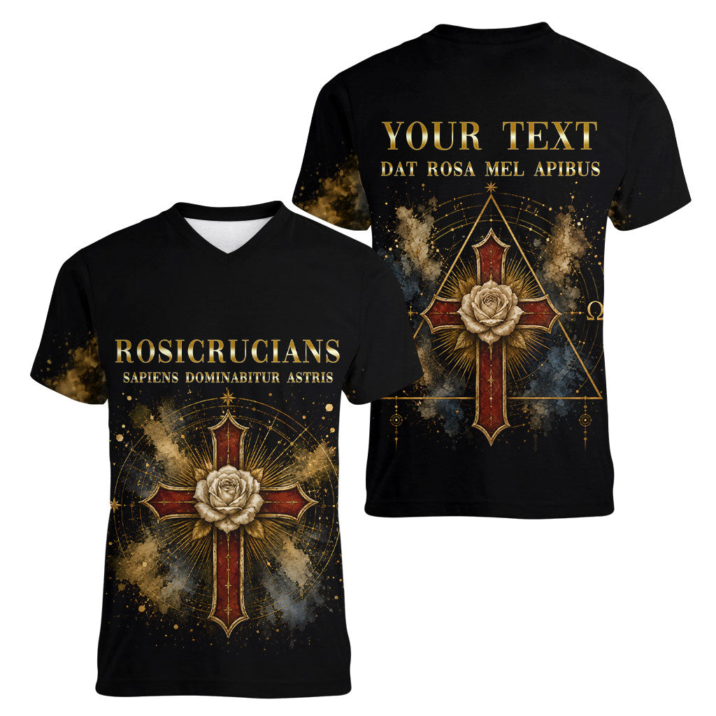 Personalized Rosicrucians Women V-Neck T-Shirt Sapiens Dominabitur Astris Rose Cross
