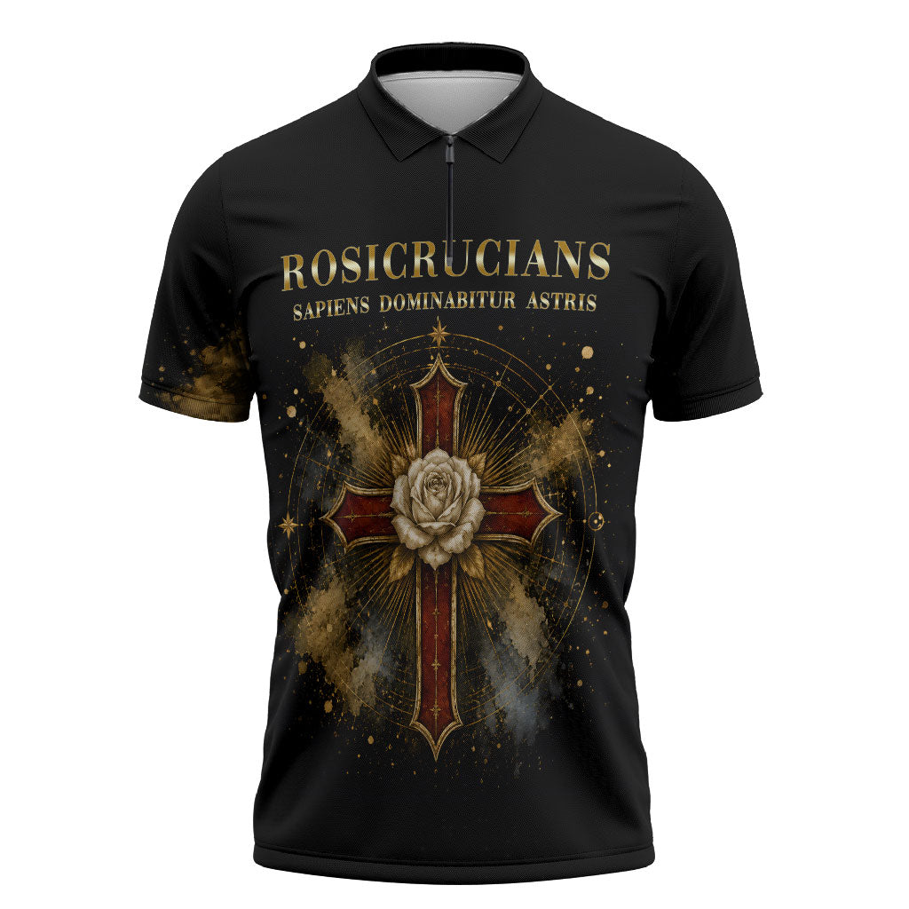 Personalized Rosicrucians Zipper Polo Shirt Sapiens Dominabitur Astris Rose Cross