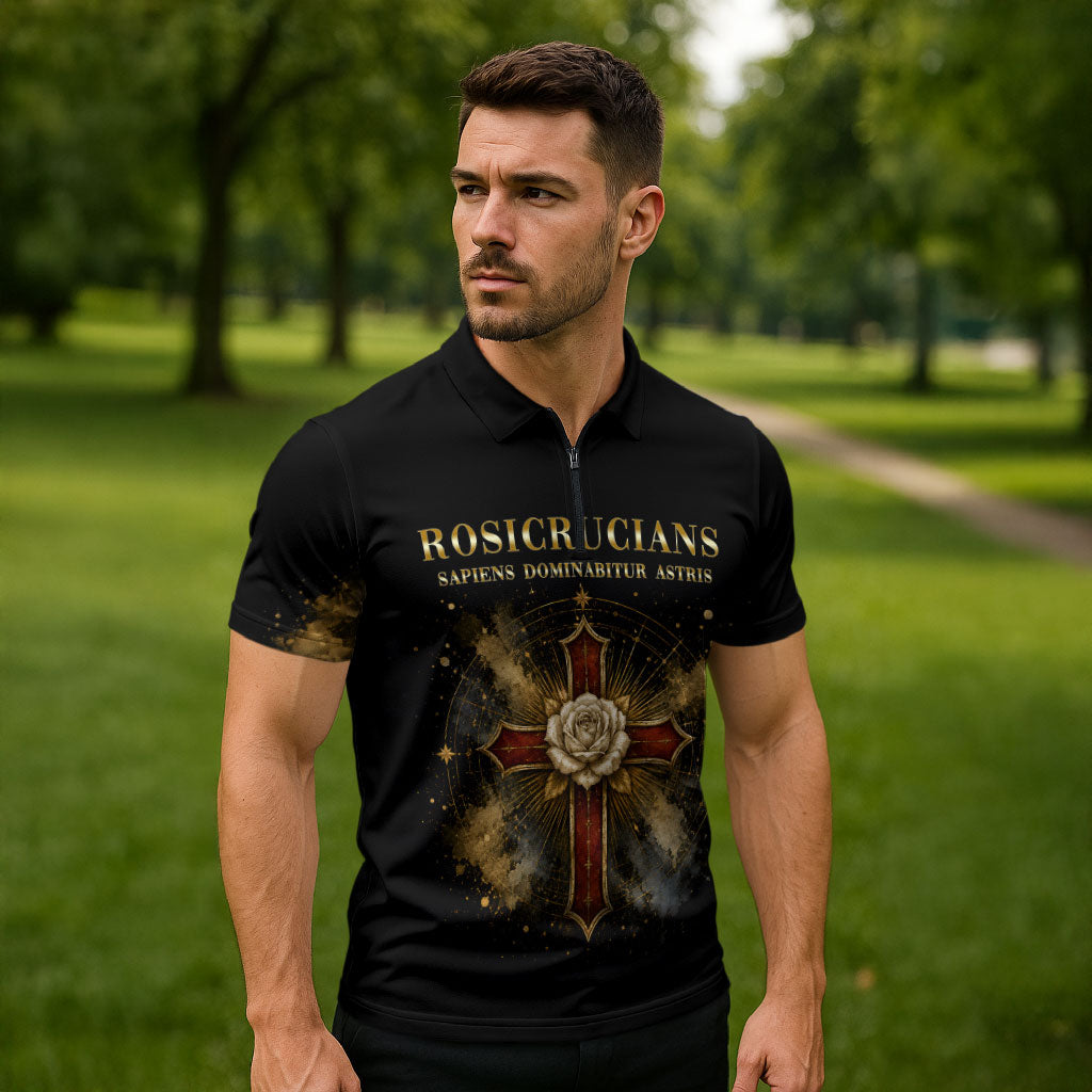 Personalized Rosicrucians Zipper Polo Shirt Sapiens Dominabitur Astris Rose Cross