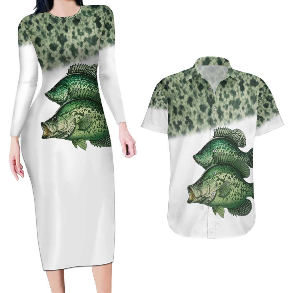 Crappie Tournament Fishing Customize Name Couples Matching Long Sleeve Bodycon Dress and Hawaiian Shirt Camo Fade and Custom Name Design - Wonder Print Shop