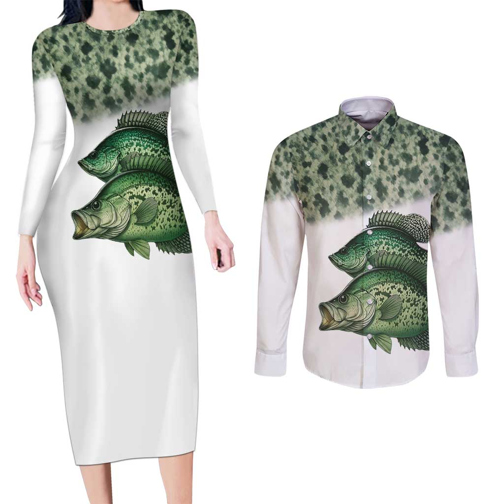 Crappie Tournament Fishing Customize Name Couples Matching Long Sleeve Bodycon Dress and Long Sleeve Button Shirt Camo Fade and Custom Name Design - Wonder Print Shop