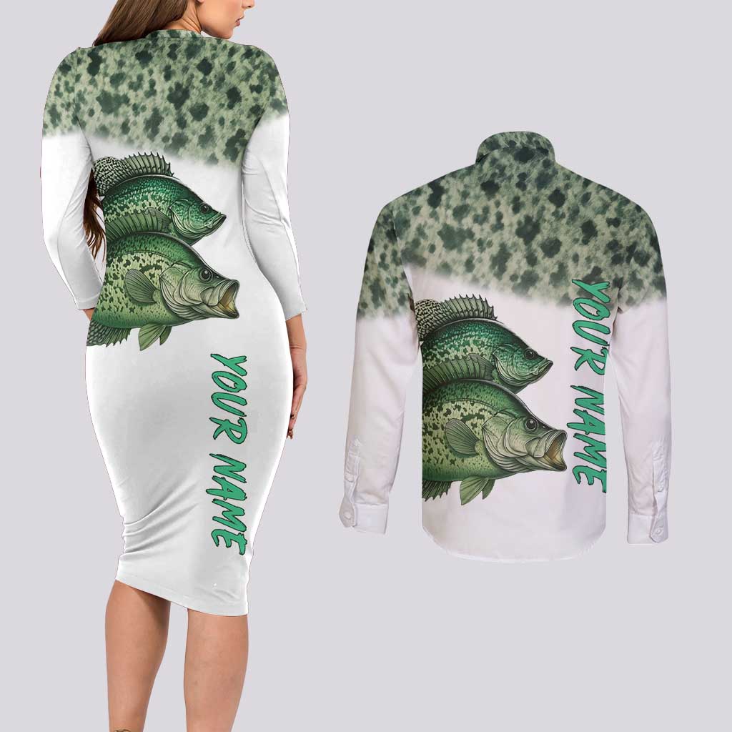 Crappie Tournament Fishing Customize Name Couples Matching Long Sleeve Bodycon Dress and Long Sleeve Button Shirt Camo Fade and Custom Name Design - Wonder Print Shop