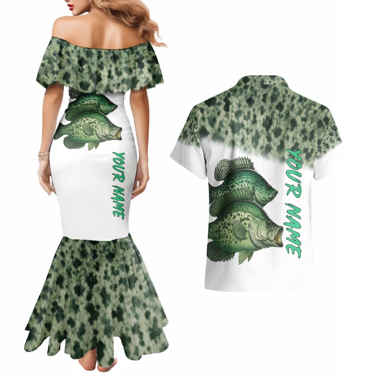 Crappie Tournament Fishing Customize Name Couples Matching Mermaid Dress and Hawaiian Shirt Camo Fade and Custom Name Design - Wonder Print Shop