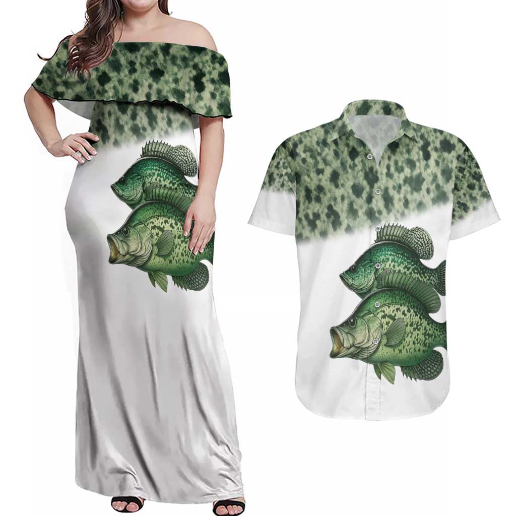 Crappie Tournament Fishing Customize Name Couples Matching Off Shoulder Maxi Dress and Hawaiian Shirt Camo Fade and Custom Name Design - Wonder Print Shop