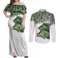Crappie Tournament Fishing Customize Name Couples Matching Off Shoulder Maxi Dress and Long Sleeve Button Shirt Camo Fade and Custom Name Design - Wonder Print Shop