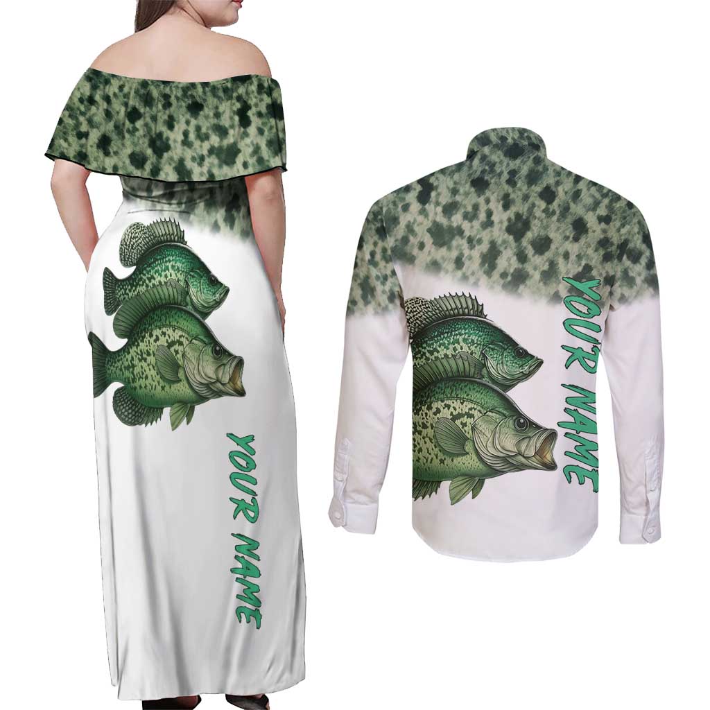 Crappie Tournament Fishing Customize Name Couples Matching Off Shoulder Maxi Dress and Long Sleeve Button Shirt Camo Fade and Custom Name Design - Wonder Print Shop