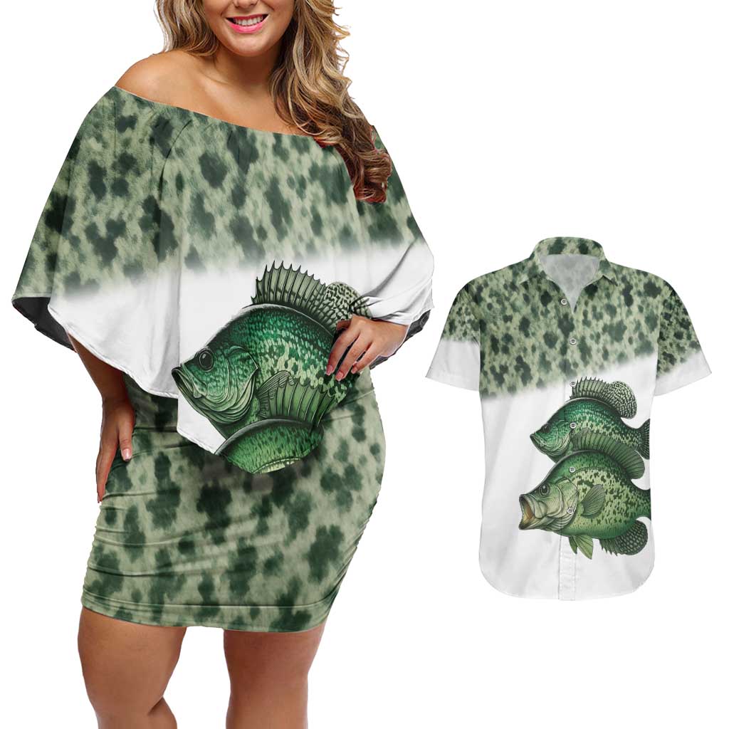 Crappie Tournament Fishing Customize Name Couples Matching Off Shoulder Short Dress and Hawaiian Shirt Camo Fade and Custom Name Design - Wonder Print Shop