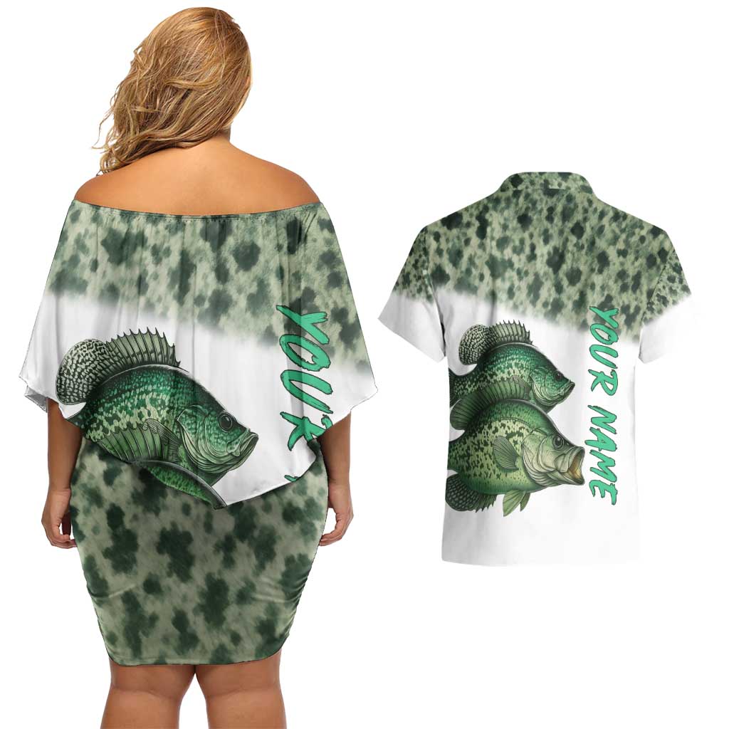 Crappie Tournament Fishing Customize Name Couples Matching Off Shoulder Short Dress and Hawaiian Shirt Camo Fade and Custom Name Design - Wonder Print Shop