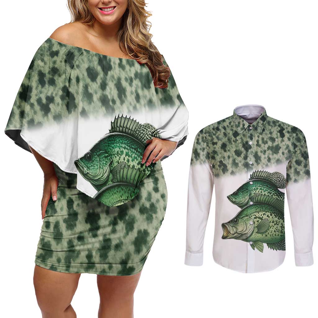 Crappie Tournament Fishing Customize Name Couples Matching Off Shoulder Short Dress and Long Sleeve Button Shirt Camo Fade and Custom Name Design - Wonder Print Shop