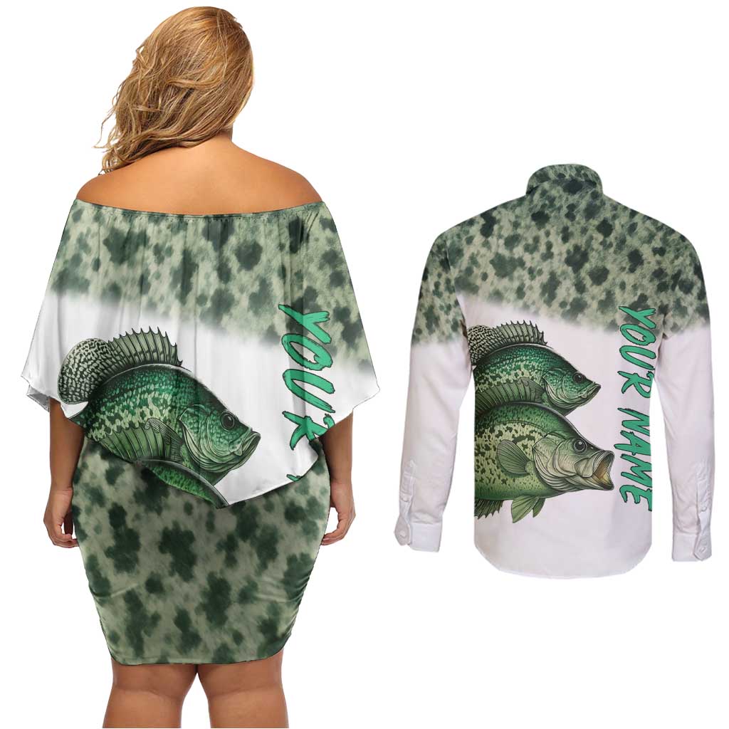 Crappie Tournament Fishing Customize Name Couples Matching Off Shoulder Short Dress and Long Sleeve Button Shirt Camo Fade and Custom Name Design - Wonder Print Shop