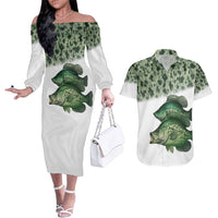 Crappie Tournament Fishing Customize Name Couples Matching Off The Shoulder Long Sleeve Dress and Hawaiian Shirt Camo Fade and Custom Name Design - Wonder Print Shop