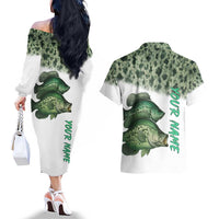Crappie Tournament Fishing Customize Name Couples Matching Off The Shoulder Long Sleeve Dress and Hawaiian Shirt Camo Fade and Custom Name Design - Wonder Print Shop