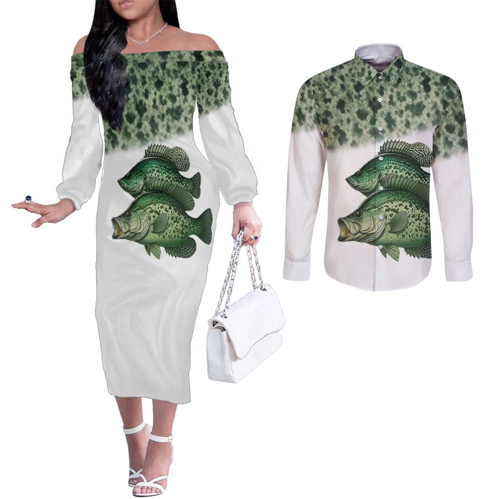 Crappie Tournament Fishing Customize Name Couples Matching Off The Shoulder Long Sleeve Dress and Long Sleeve Button Shirt Camo Fade and Custom Name Design - Wonder Print Shop