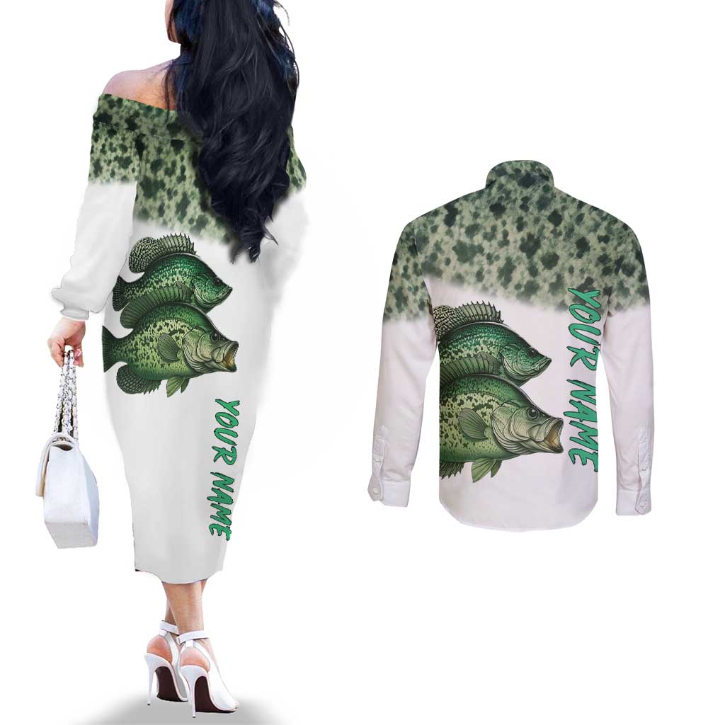 Crappie Tournament Fishing Customize Name Couples Matching Off The Shoulder Long Sleeve Dress and Long Sleeve Button Shirt Camo Fade and Custom Name Design - Wonder Print Shop
