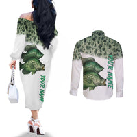 Crappie Tournament Fishing Customize Name Couples Matching Off The Shoulder Long Sleeve Dress and Long Sleeve Button Shirt Camo Fade and Custom Name Design - Wonder Print Shop