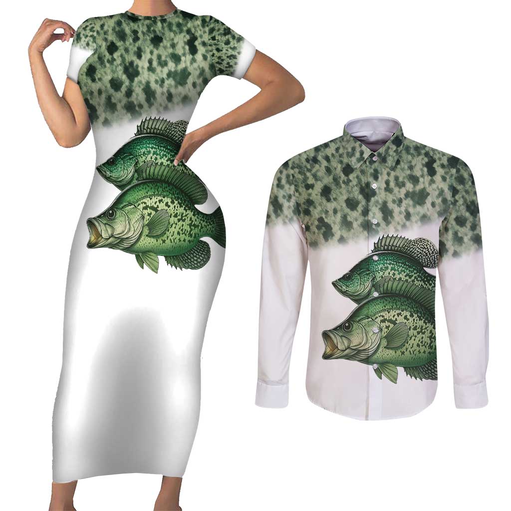 Crappie Tournament Fishing Customize Name Couples Matching Short Sleeve Bodycon Dress and Long Sleeve Button Shirt Camo Fade and Custom Name Design - Wonder Print Shop