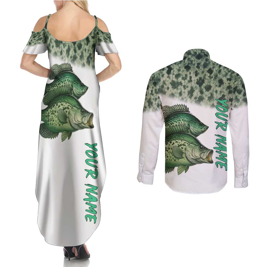 Crappie Tournament Fishing Customize Name Couples Matching Summer Maxi Dress and Long Sleeve Button Shirt Camo Fade and Custom Name Design - Wonder Print Shop