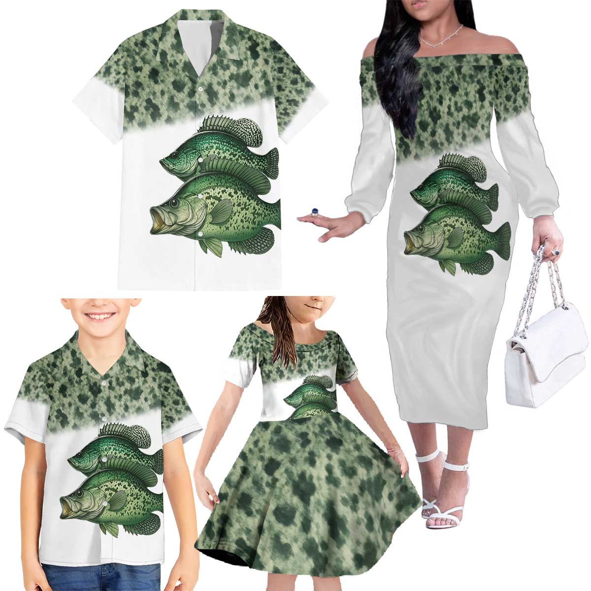 Crappie Tournament Fishing Customize Name Family Matching Off The Shoulder Long Sleeve Dress and Hawaiian Shirt Camo Fade and Custom Name Design - Wonder Print Shop