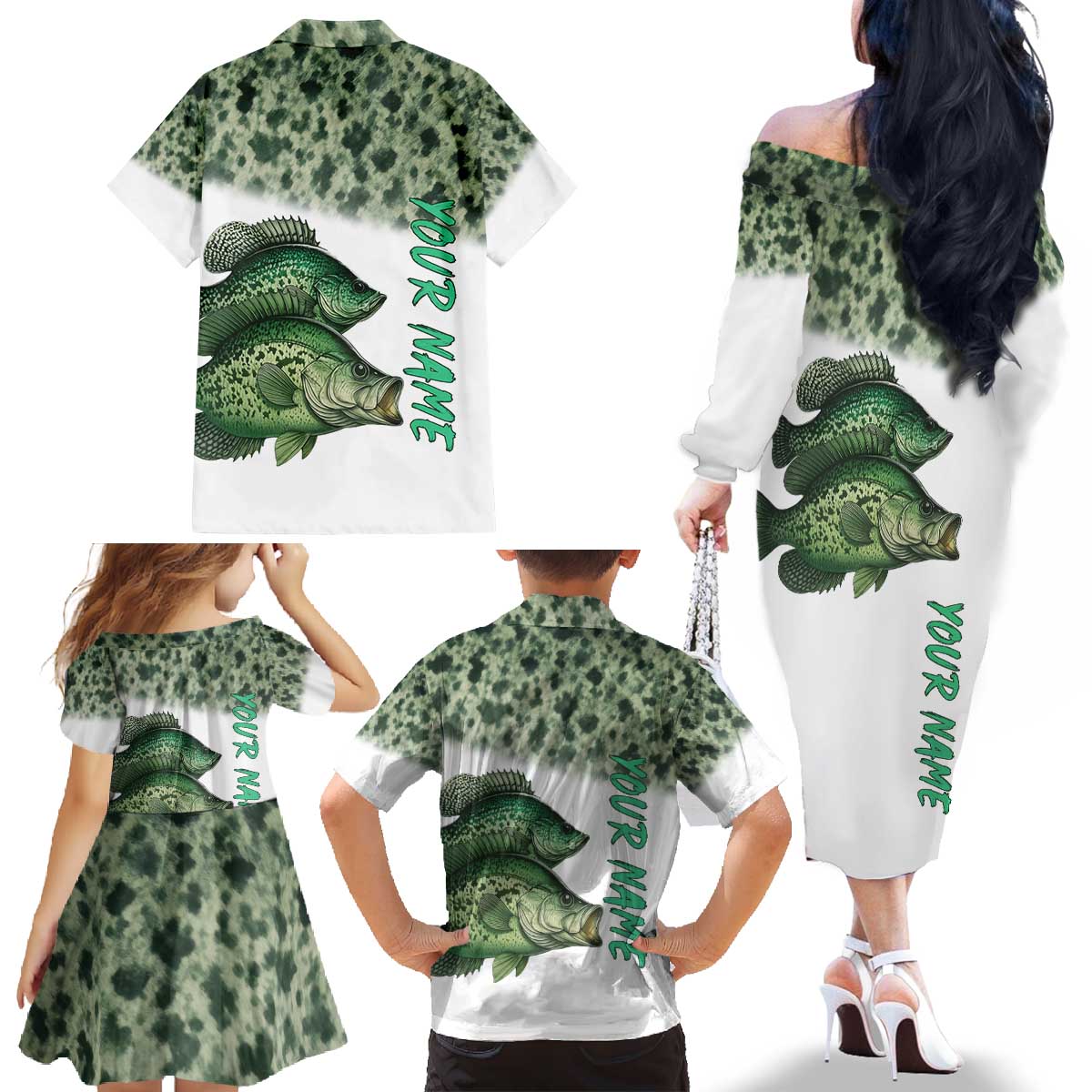 Crappie Tournament Fishing Customize Name Family Matching Off The Shoulder Long Sleeve Dress and Hawaiian Shirt Camo Fade and Custom Name Design - Wonder Print Shop