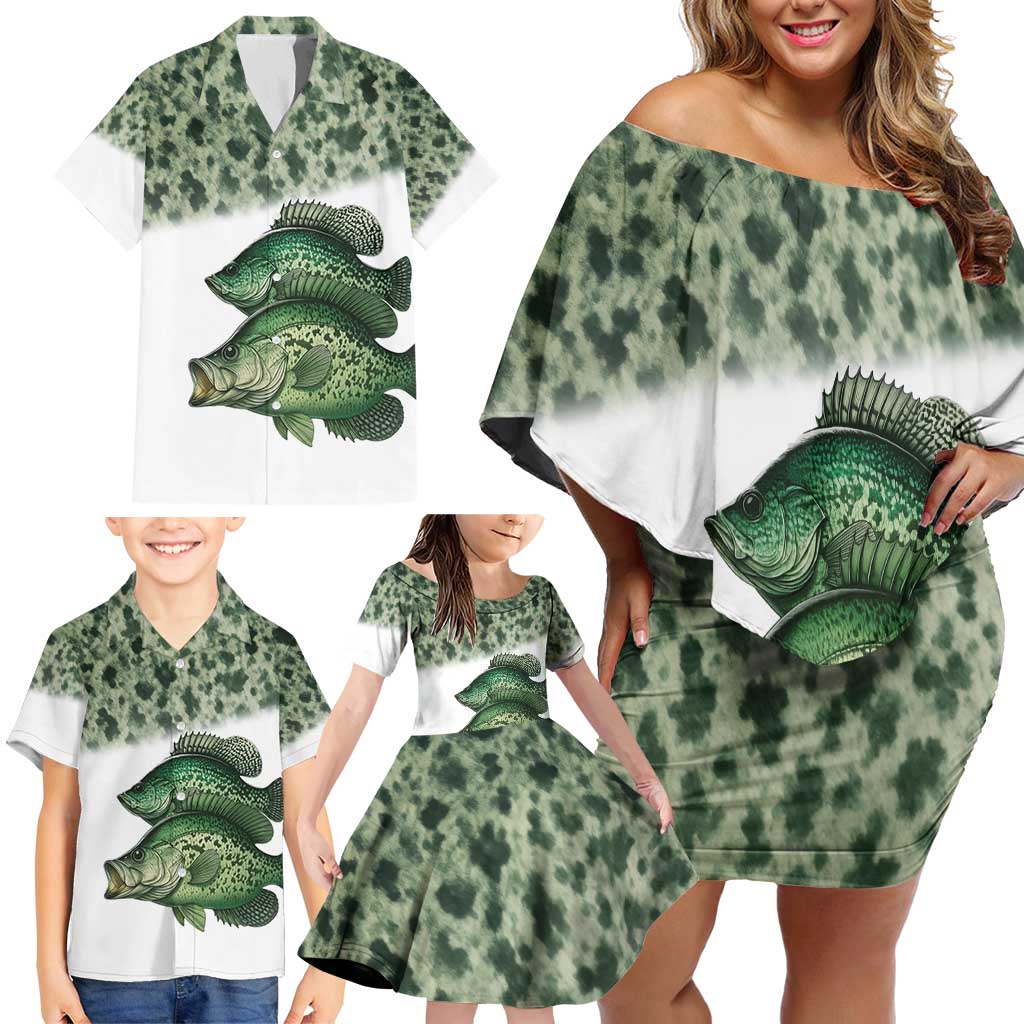 Crappie Tournament Fishing Customize Name Family Matching Off Shoulder Short Dress and Hawaiian Shirt Camo Fade and Custom Name Design - Wonder Print Shop