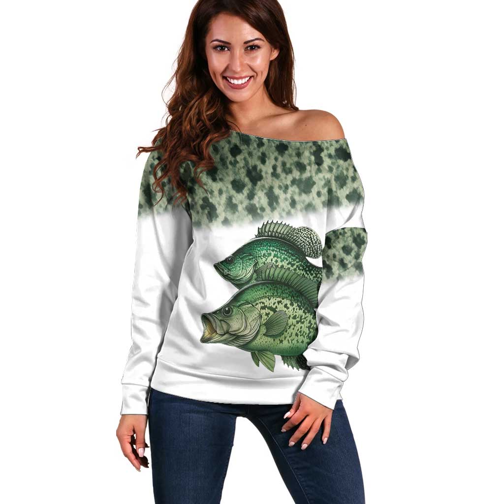 Crappie Tournament Fishing Customize Name Off Shoulder Sweater Camo Fade and Custom Name Design - Wonder Print Shop