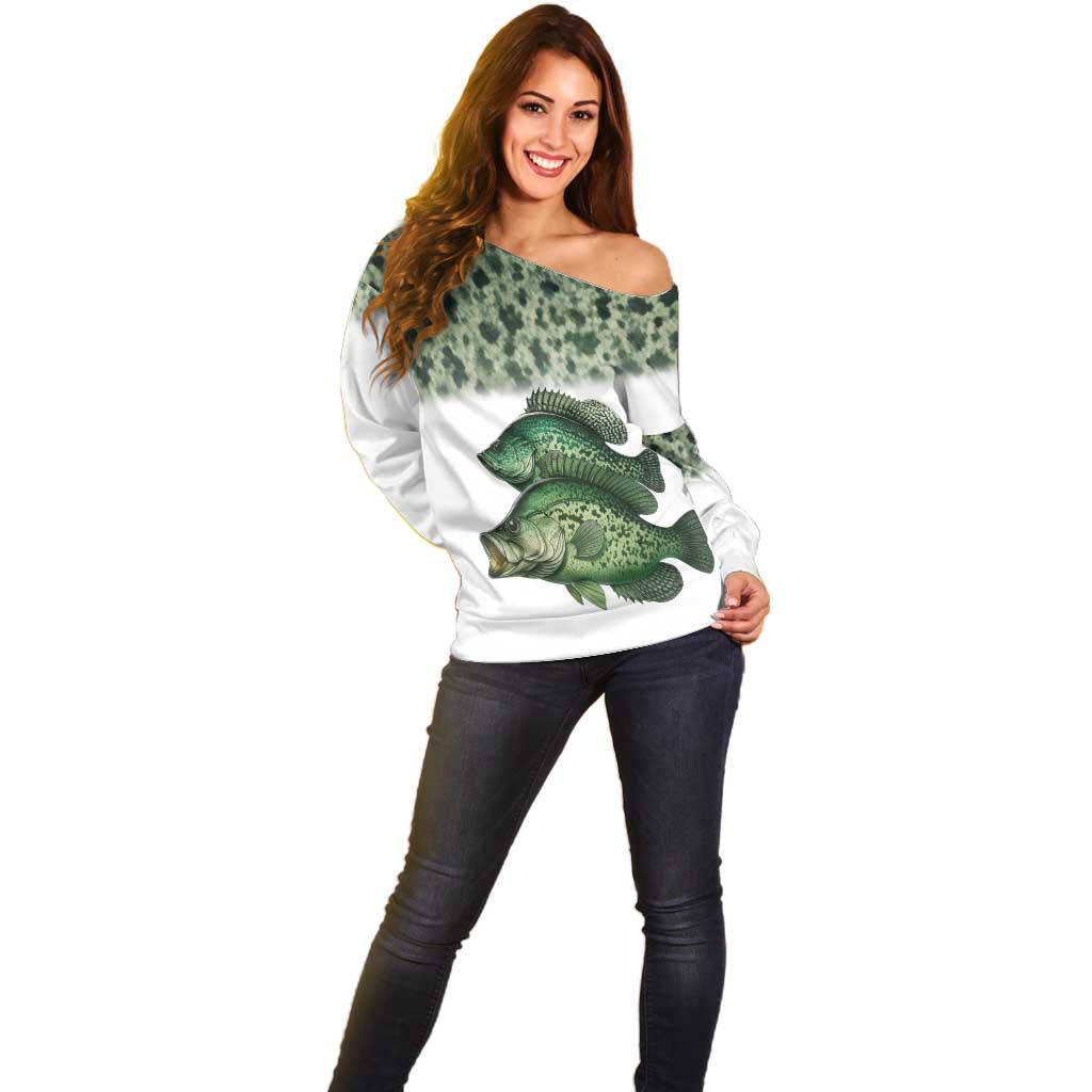 Crappie Tournament Fishing Customize Name Off Shoulder Sweater Camo Fade and Custom Name Design - Wonder Print Shop