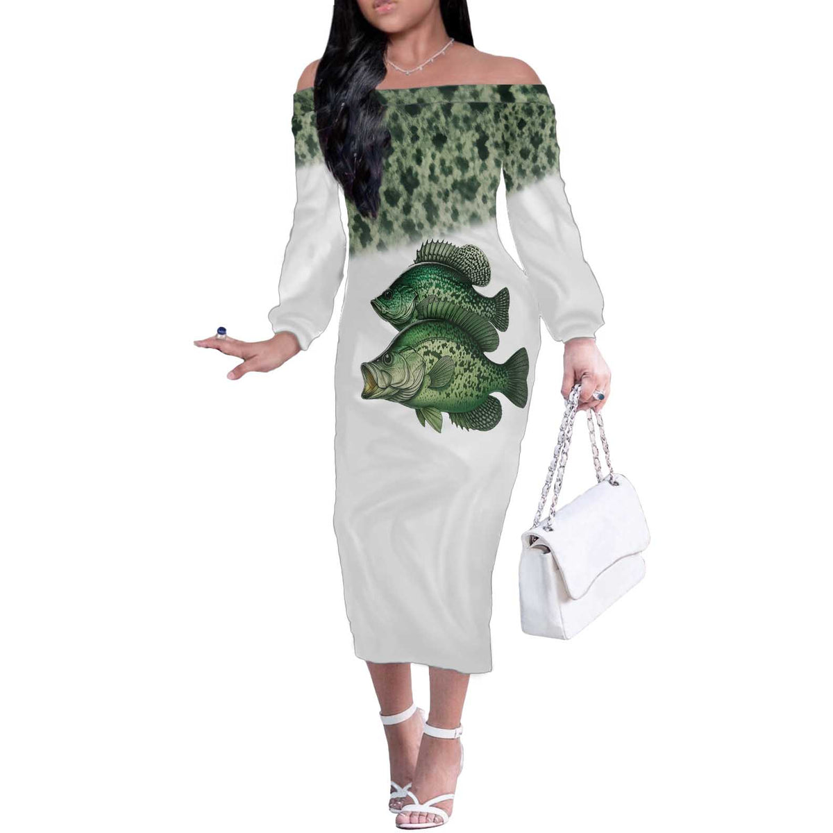 Crappie Tournament Fishing Customize Name Off The Shoulder Long Sleeve Dress Camo Fade and Custom Name Design - Wonder Print Shop