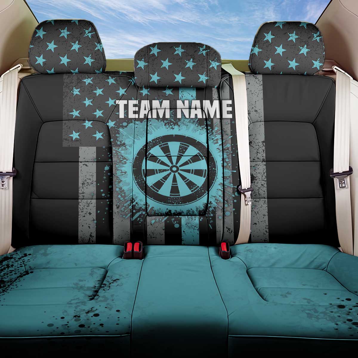 Custom Turquoise US Patriotic Darts Back Car Seat Cover Blue American Flag Pattern - Grunge Paint Splatter - Wonder Print Shop