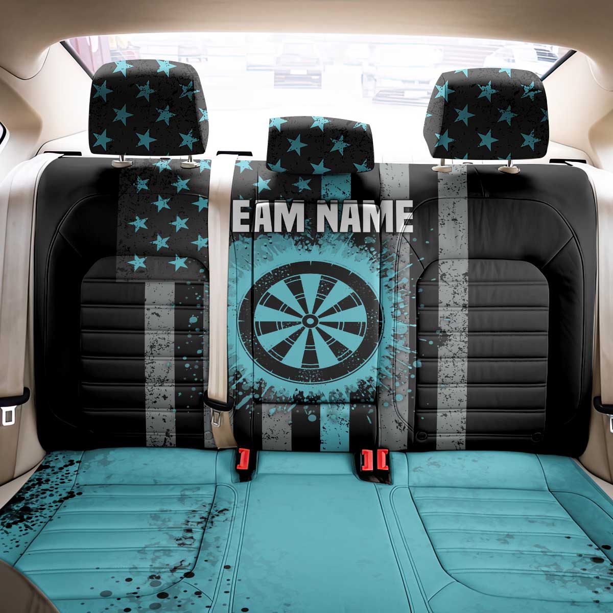Custom Turquoise US Patriotic Darts Back Car Seat Cover Blue American Flag Pattern - Grunge Paint Splatter - Wonder Print Shop