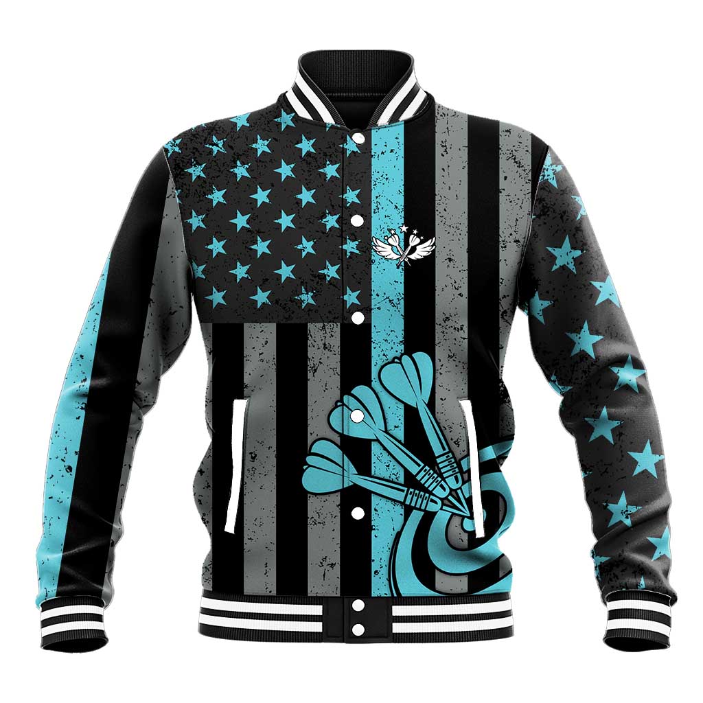 Custom Turquoise US Patriotic Darts Baseball Jacket Blue American Flag Pattern - Grunge Paint Splatter - Wonder Print Shop