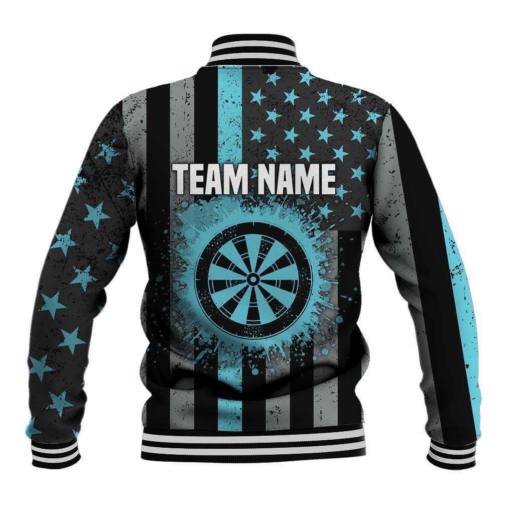 Custom Turquoise US Patriotic Darts Baseball Jacket Blue American Flag Pattern - Grunge Paint Splatter - Wonder Print Shop
