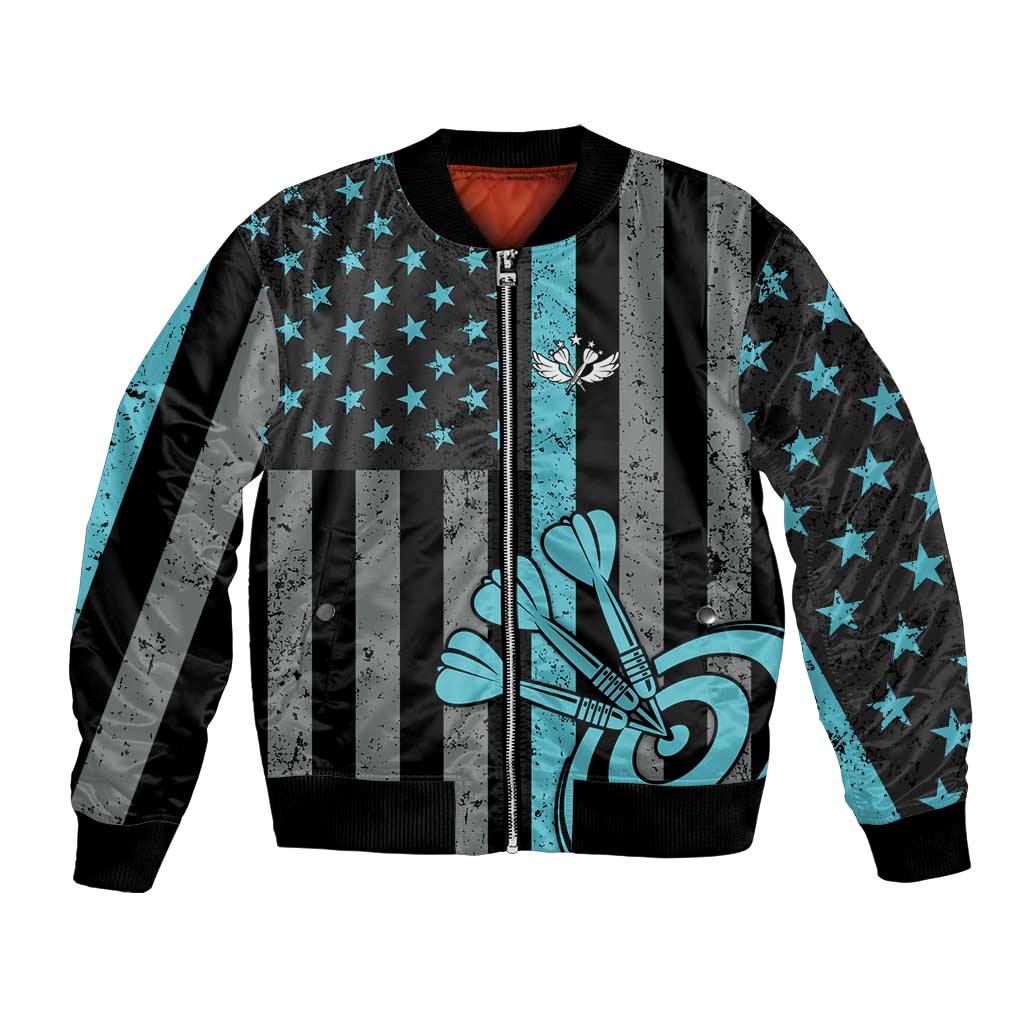 Custom Turquoise US Patriotic Darts Bomber Jacket Blue American Flag Pattern - Grunge Paint Splatter - Wonder Print Shop