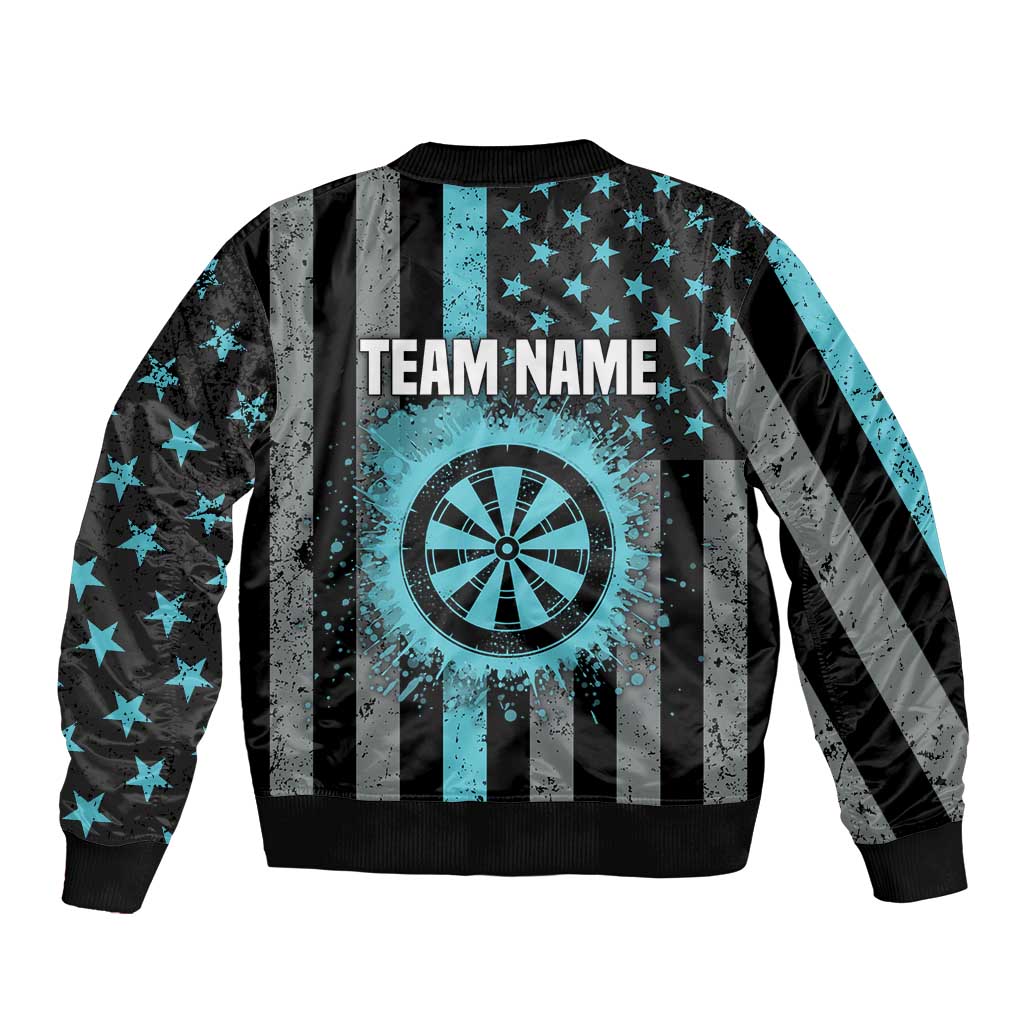 Custom Turquoise US Patriotic Darts Bomber Jacket Blue American Flag Pattern - Grunge Paint Splatter - Wonder Print Shop